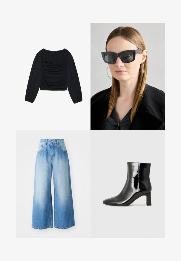 Svart långärmad topp med ruched detalj framtill och vid handleden, tillverkad av mjukt, stretchigt material med en båthals.; Ljust blå vida jeans av denim med en blekt tvätt, med hög midja, knäppning och sidofickor.; Svart lackläder ankelboot med spetsig tå och en medelhög klack. Slät textur och minimalistisk design.; Svarta katterformade solglasögon med mörka linser, tjocka bågar och subtila detaljer. Bärs tillsammans med en svart kappa och en grå topp, med långt rakt hår.
