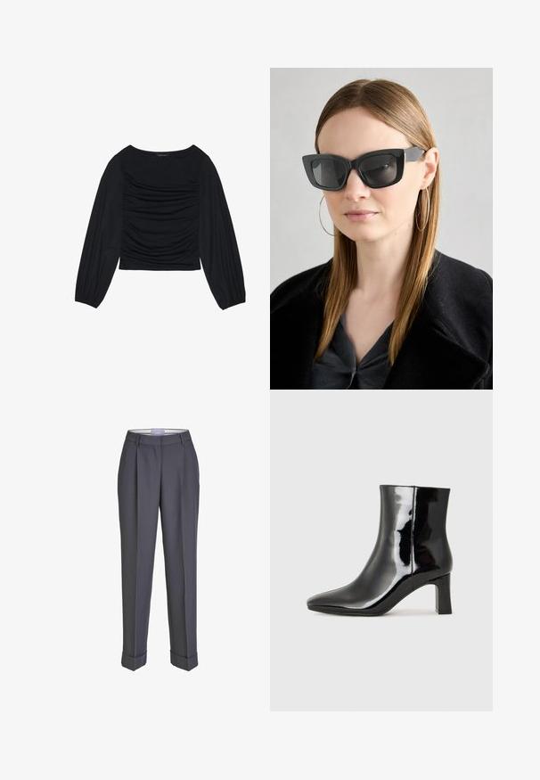 Črn top z dolgimi rokavi, ki se ponaša z nabranimi detajli na sprednji strani in zapestjih. Narejen je iz mehkega, raztegljivega materiala z obliko čolnastega izreza.; Temno sivi krojeni hlače s ravnim krojem, nagubano spredaj in zavihki na robovih. Izdelane iz gladkega blaga, z klasičnim pasom.; Črne lakirane gležnjarje z ošiljenim nosom in srednje visokim blokastim peto. Gladka tekstura in minimalističen dizajn.; Črne mačje očala s temnimi lečami, debelimi okvirji in subtilnimi detajli. Oblečena z črnim plaščem in sivim zgornjim delom, z dolgimi ravnimi lasmi.