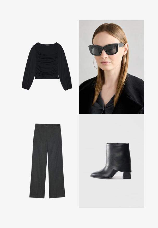 Sort langærmet top med samlet stofdetalje foran og ved håndleddene, lavet af blødt, strækbart materiale med bådformet udskæring.; Mørkeblå bredbenede bukser lavet af tekstureret stof, med flad front, bæltestropper og en ren finish i kanten.; Sort læder ankelstøvle med spids tå, glat tekstur og en struktureret blokhæl. Har et højt, foldet kravedesign.; Sorte katteøje solbriller med mørke linser, tykke rammer og subtile detaljer. Båret med en sort frakke og en grå bluse, med langt, glat hår.