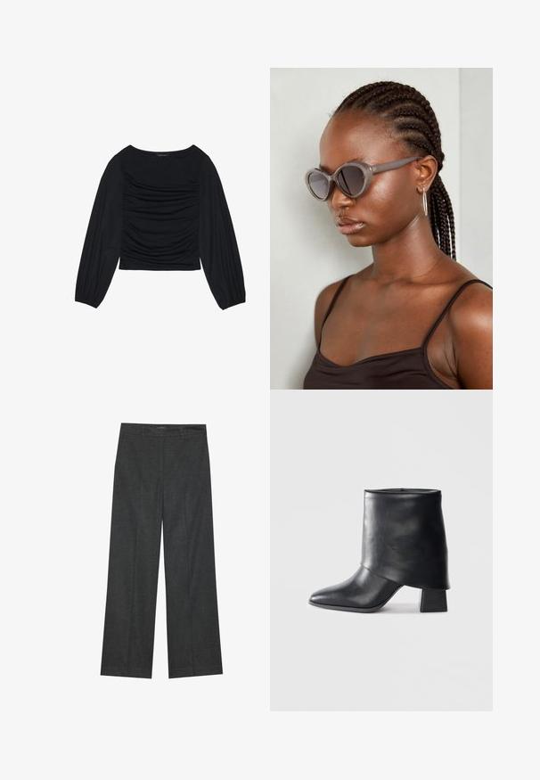 Sort langærmet top med samlet stofdetalje foran og ved håndleddene, lavet af blødt, strækbart materiale med bådformet udskæring.; Mørkeblå bredbenede bukser lavet af tekstureret stof, med flad front, bæltestropper og en ren finish i kanten.; Sort læder ankelstøvle med spids tå, glat tekstur og en struktureret blokhæl. Har et højt, foldet kravedesign.; Grå oversized solbriller med rund form og mørke linser. Slank plastikramme med en glat finish. Modellen har fletninger.