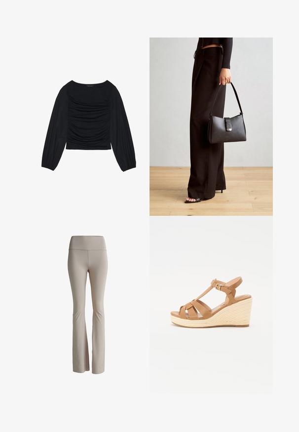 Črn top z dolgimi rokavi, ki se ponaša z nabranimi detajli na sprednji strani in zapestjih. Narejen je iz mehkega, raztegljivega materiala z obliko čolnastega izreza.; Bež leggingi s širokim robom iz raztegljivega materiala. Visok pas z diskretnim logotipom. Gladka tekstura brez vidnih šivov ali vzorcev.; Sandalice z večjim peto v bež barvi z navzkrižno naramnicami, nastavljivim paščkom okoli gležnja in teksturirano pleteno espadrillo-stil peto.; Črna torbica z strukturirano obliko, gladko teksturo in kovinskim zaponko. Ujemajo se z širokimi črnimi hlačami in odprtimi sandali na lesenem tleh.