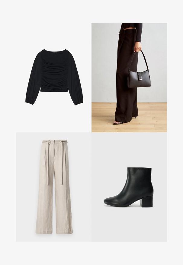 Fekete, hosszú ujjú felső, amely elől és a csuklónál ráncolt anyagrészletekkel rendelkezik, puha, rugalmas anyagból készült és csónaknyakú.; Világos bézs vászon széles szárú nadrág, magas derékkal, elöl gyűrődésekkel és megkötős övvel. Simább textúrájú, laza fazonú.; Fekete bőr bokacsizma hegyes orral és vastag sarokkal. Sima felület minimális díszítéssel és karcsú, passzos kialakítással.; Fekete kézi táska strukturált formával, sima textúrával és fémből készült záródással. Széles fekete nadrággal és nyitott orrú szandállal párosítva, fából készült padlón.