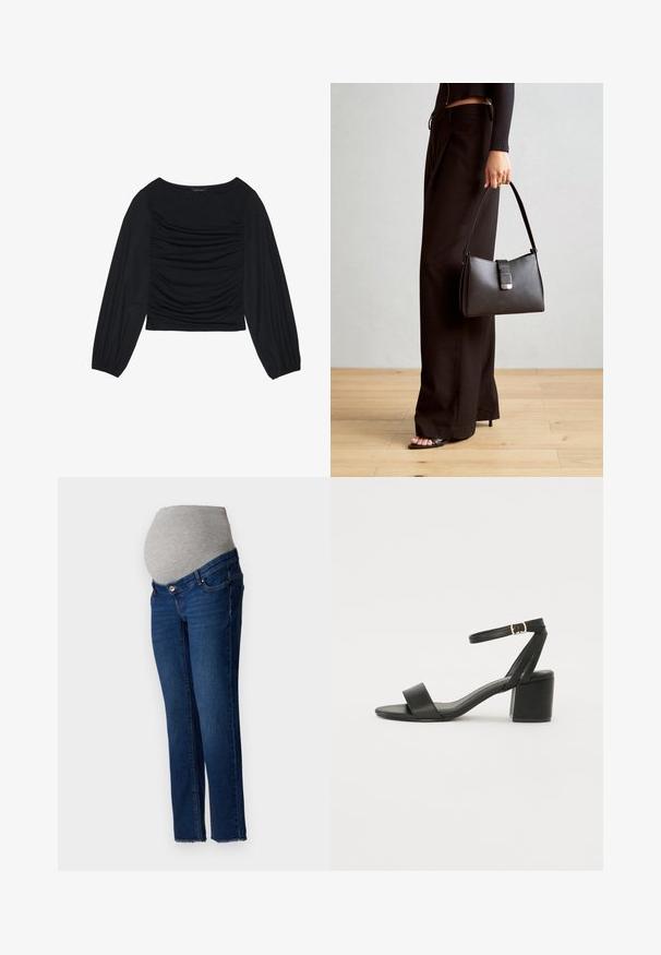 Svart langermet topp med rynket stoffdetalj foran og ved håndleddene, laget av mykt, elastisk materiale med båthals.; Graviditetsjeans med lys grå elastisk linning og blå denimstoff. Skinny fit, rett kutt med en frynset kant nederst.; Sorte hælede sandaler med en glat læderoverdel, åben tå, brede frontstropper og justerbar ankelstrop med en gold spænde detalje.; Svart håndveske med strukturert form, jevn tekstur og metallisk lås. Kombinert med brede svarte bukser og sandaler med åpen tå på tregulv.