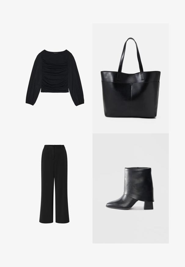 Svart langermet topp med rynket stoffdetalj foran og ved håndleddene, laget av mykt, elastisk materiale med båthals.; Svart vide benbukser laget av glatt stoff. Har flat front, beltehempemerke og to sidelommer.; Sorte lær ankle boot med spiss tå, glatt tekstur og en strukturert blokkhæl. Har et høyt, brettet mansjett-design.; Svart lær toteveske med to lange håndtak, en glatt tekstur og en strukturert form. Har en frontlomme for ekstra oppbevaring.