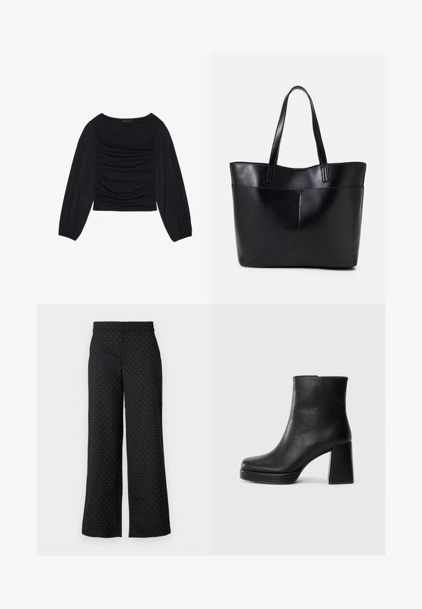 Black long-sleeve top featuring gathered fabric detail at the front and wrists, made of soft, stretchy material with a boat neckline.; Black wide-leg trousers made of fabric with white polka dots. Features a mid-rise waistband and front pockets. Textured surface.; Black leather ankle boot with a block heel and platform sole, viewed from the side on a plain white background.; Black leather tote bag with two long handles, a smooth texture, and a structured shape. Features a front pocket for additional storage.