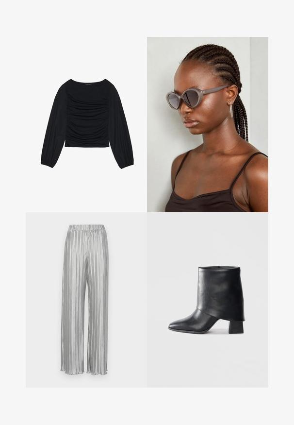 Melna garā piedurkne tops ar savilktām auduma detaļām priekšā un pie plaukstām, izgatavots no mīksta, elastīga materiāla ar laivu kakla izgriezumu.; Sudraba plisētās bikses ar elastīgu jostas daļu, platām kājām un gludu metālisku tekstūru. Vertikālās svītras uzlabo vizuālo pievilcību.; Melnas ādas potītes zābaki ar norādītu purngalu, gludu tekstūru un strukturētu blokveida papēdi. Iezīmē augstu, salocītu apkakles dizainu.; Pelēkas pārāk lielas saulesbrilles ar noapaļotu formu un tumšiem stikliem. Gluda plastmasas rāmis ar gludu apdari. Modeli ir pītās matu pēc.; Sudraba riņķa auskari ar gludu, apaļu dizainu un pulētu apdari. Tie ir plāni un viegli, ar vienkāršu aizdari.