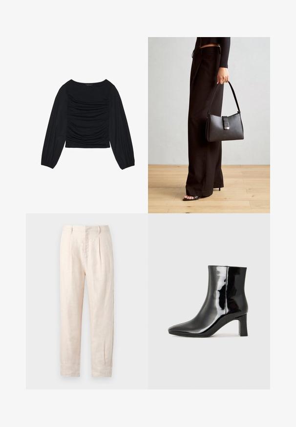Czarna bluzka z długim rękawem, z marszczonym detalem z przodu i przy nadgarstkach, wykonana z miękkiego, elastycznego materiału z dekoltem w łódkę.; Jasno beżowe lniane spodnie o prostym kroju, z dwoma fałdami z przodu, kieszeniami bocznymi i lekko teksturowaną powierzchnią.; Czarne lakierowane botki za kostkę z wysmukłym noskiem i średniej wysokości obcasem w kształcie słupka. Gładka tekstura i minimalistyczny design.; Czarna torebka o usztywnionym kształcie, gładkiej fakturze i metalowym zapięciem. Połączona z szerokimi czarnymi spodniami i sandałami na otwartym palcu na drewnianej podłodze.