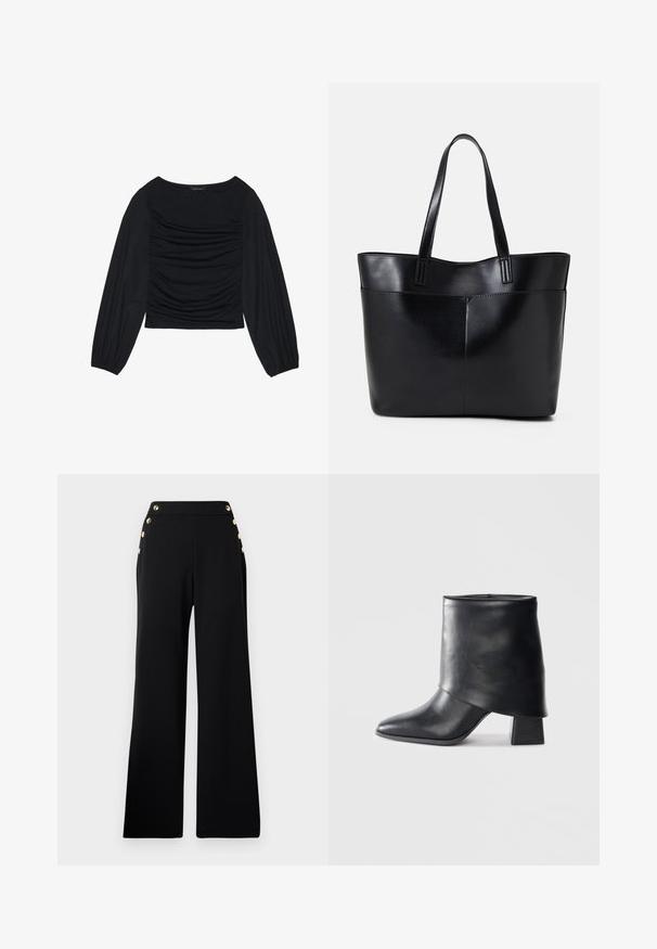 Črn top z dolgimi rokavi, ki se ponaša z nabranimi detajli na sprednji strani in zapestjih. Narejen je iz mehkega, raztegljivega materiala z obliko čolnastega izreza.; Črne široke hlače z visokim pasom in zlatimi gumbi spredaj ter žepi na obeh bokih na beli ozadju.; Črne usnjene gležnjarje z izostrenim prstom, gladko teksturo in trdnimi blokastimi petami. Imajo visok, zložen manšeti.; Črna usnjena torba z dvema dolgima ročajema, gladko teksturo in strukturirano obliko. Ima sprednji žep za dodatno shranjevanje.