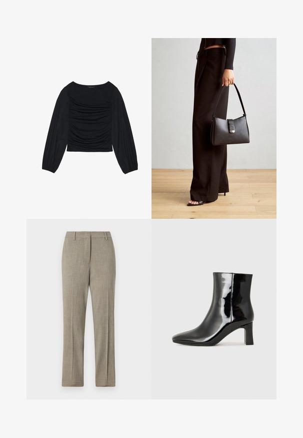 Melna garā piedurkne tops ar savilktām auduma detaļām priekšā un pie plaukstām, izgatavots no mīksta, elastīga materiāla ar laivu kakla izgriezumu.; Gai pelēki pielāgoti bikses ar teksturētu audumu, taisnu kāju piegriezumu un klasisku jostasvietu. Satur smalkus svītrainus akcentus.; Melnas patentētas ādas potīšu zābaki ar norādītu pirkstu un vidēja augstuma kvadrātveida papēdi. Gluda tekstūra un minimālisma dizains.; Melnā somiņa ar strukturētu formu, gludu tekstūru un metālu sprādzi. Saskaņota ar platām melnām biksēm un sandālēm ar atvērtu purngalu uz koka grīdas.