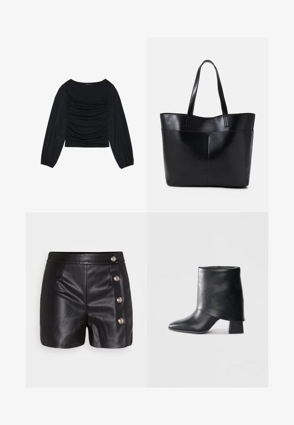 Top preto de manga longa com detalhe de tecido franzido na parte da frente e nos pulsos, feito de material suave e elástico com decote à barco.; Calças curtas de couro preto com uma textura suave, apresentando quatro acabamentos em botão prateado no lado direito e dois bolsos frontais.; Bota de tornozelo em couro preto com bico afilado, textura suave e um salto bloco estruturado. Apresenta um design de cano alto e dobrado.; Bolsa tote preta em couro com duas alças longas, textura suave e forma estruturada. Apresenta um bolso frontal para armazenamento adicional.