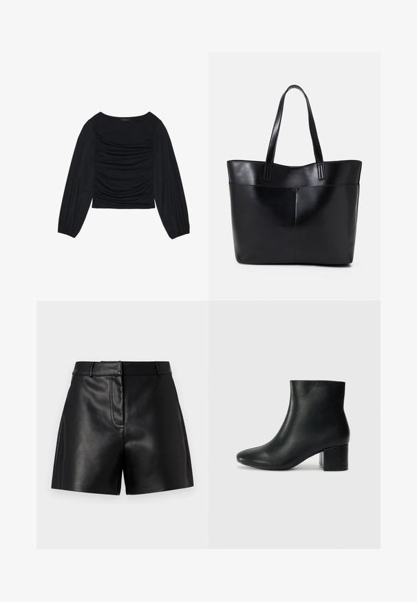 Czarna bluzka z długim rękawem, z marszczonym detalem z przodu i przy nadgarstkach, wykonana z miękkiego, elastycznego materiału z dekoltem w łódkę.; Czarne skórzane szorty o gładkiej fakturze, z dopasowanym paskiem w talii, detalami szwów z przodu oraz bocznymi rozcięciami dla dodatkowego stylu.; Czarne skórzane botki za kostkę z ostrym noskiem i masywnym obcasem. Gładka tekstura z minimalnymi akcentami i elegancki, dopasowany fason.; Czarna skórzana torba na ramię z dwoma długimi uchwytami, gładką teksturą i sztywną formą. Posiada przednią kieszeń dla dodatkowego przechowywania.