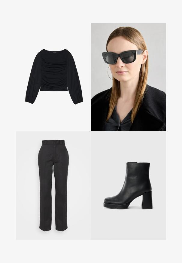 Svart langermet topp med rynket stoffdetalj foran og ved håndleddene, laget av mykt, elastisk materiale med båthals.; Svarte bukser med en glatt tekstur, rette ben og belte i livet. Har en enkel, klassisk silhuett uten ekstra mønstre.; Sorte skinnankelsko med blokkhæl og plattformsåle, sett fra siden på en enkel hvit bakgrunn.; Sorte katteøyne solbriller med mørke linser, tykke rammer og subtile detaljer. Båret med en svart frakk og grå topp, med langt, rett hår.