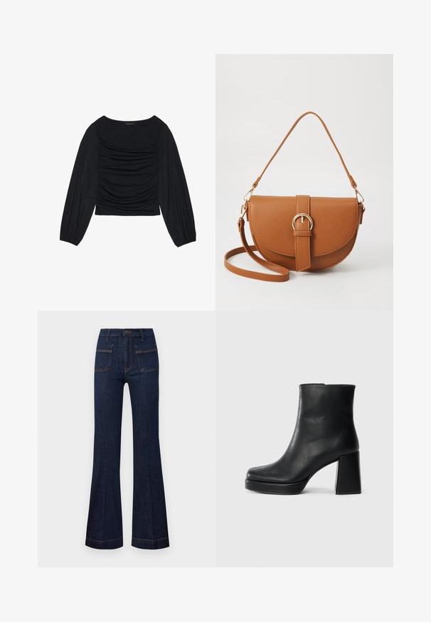 Top nero a maniche lunghe con dettaglio di tessuto arricciato sul davanti e ai polsi, realizzato in materiale morbido ed elasticizzato con scollatura a barca.; Jeans a zampa d'elefante in denim scuro, caratterizzati da una vestibilità sartoriale, vita alta e cuciture arancioni a contrasto. Inclusi due tasche frontali e posteriori.; Stivale alla caviglia in pelle nera con tacco a blocco e suola platform, visto di lato su uno sfondo bianco uniforme.; Borsa a tracolla in pelle marrone con forma curvata, hardware dorato e un dettaglio con fibbia. Presenta una tracolla rimovibile.