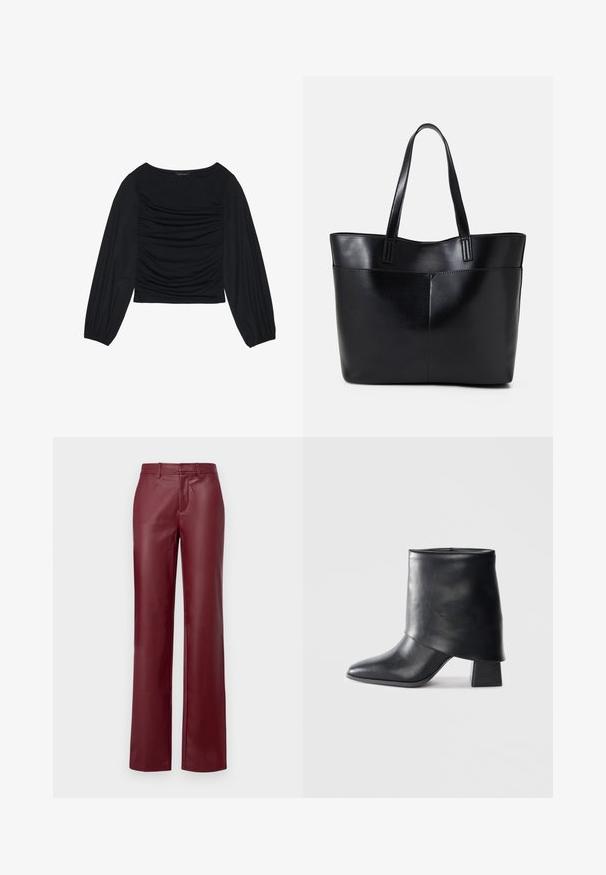 Black long-sleeve top featuring gathered fabric detail at the front and wrists, made of soft, stretchy material with a boat neckline.; Burgundy leather trousers with a straight cut, flat front, and belt loops. Smooth texture with a glossy finish. No visible hardware or patterns.; Black leather ankle boot with a pointed toe, smooth texture, and a structured block heel. Features a high, folded cuff design.; Black leather tote bag with two long handles, a smooth texture, and a structured shape. Features a front pocket for additional storage.