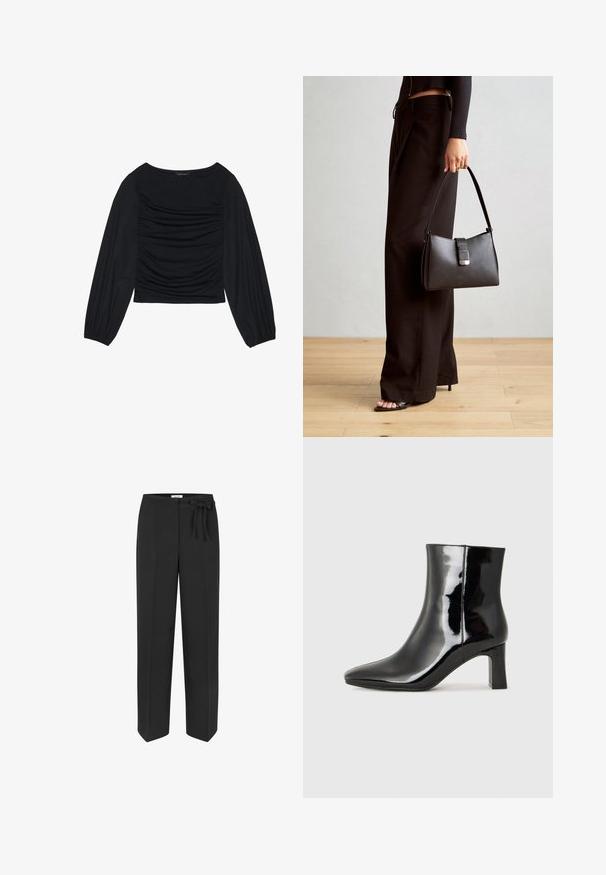 Top lung cu maneci lungi, de culoare neagră, având detalii din material plisat în față și la încheieturi, realizat dintr-un material moale și elastic, cu decolteu tip barcă.; Pantaloni negri, cu talie înaltă și detalii cu curea legată. Făcuți dintr-un material neted, având un design cu picioare drepte și două buzunare frontale.; Botine negre din piele lacuită, cu vârful ascuțit și toc bloc de înălțime medie. Textură netedă și design minimalist.; Genți negre cu o formă structurată, textură netedă și un închizător metalic. Asortată cu pantaloni negri largi și sandale cu vârf deschis pe un podea din lemn.