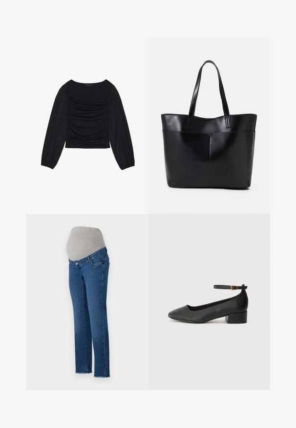 Svart langermet topp med rynket stoffdetalj foran og ved håndleddene, laget av mykt, elastisk materiale med båthals.; Graviditetsjeans med en elastisk grå midje og lys blå denim, med rett benkutt og slitte kantdetaljer.; Sorte skinnpumper med spiss tå og lav blokkhelt. Har ankelrem med gullfarget spenne. Glatt tekstur.; Svart lær toteveske med to lange håndtak, en glatt tekstur og en strukturert form. Har en frontlomme for ekstra oppbevaring.