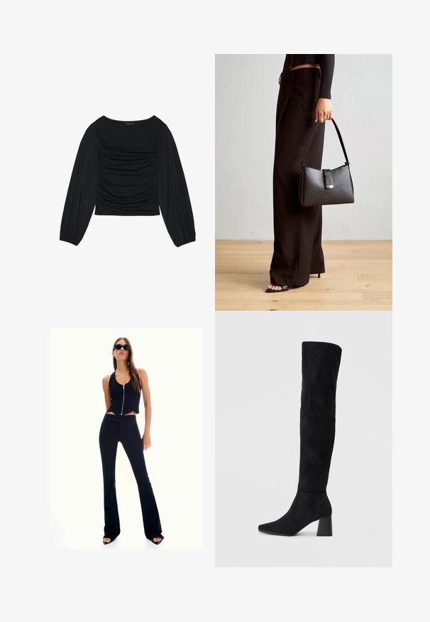 Crna bluzica dugih rukava s naboranim detaljima na prednjem dijelu i na zapešćima, izrađena od mekog, rastezljivog materijala s izrezom u obliku čamca.; Crni skraćeni top s patentnim zatvaračem sprijeda, uparen s visokim crnim širokim hlačama. Model nosi tamne sunčane naočale i sandale s visokom petom.; Crne antilop čizme do koljena s blok potpeticom, šiljastim prstom i glatkim, bešavnim dizajnom na običnoj svijetloj pozadini.; Crna torba s oblikom koji sadrži strukturu, glađu teksturu i metalnu kopču. Uparena s širokim crnim hlačama i sandalama na otvorenom s drvenog poda.