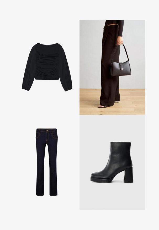 Must mustaga, millel on ees ja randmetel kokku tõmmatud kangadetailid, valmistatud pehmest ja venivast materjalist ning paadi kaelusega.; Tumedast sinisest denimist sirged jalad, millel on kollane õmblus, viie tasku disain ja metallne nupuga sulgur vööl.; Must musta ankle boot, milleplokk-konts ja platvormi tallaga, vaadatud küljelt ühetoonilise valge tausta peal.; Must musta kott, millel on struktureeritud kuju, sile tekstuur ja metallist klamber. Kombineeritud laiate mustade pükstega ja avatud varvaste sandaalidega puidust põrandal.