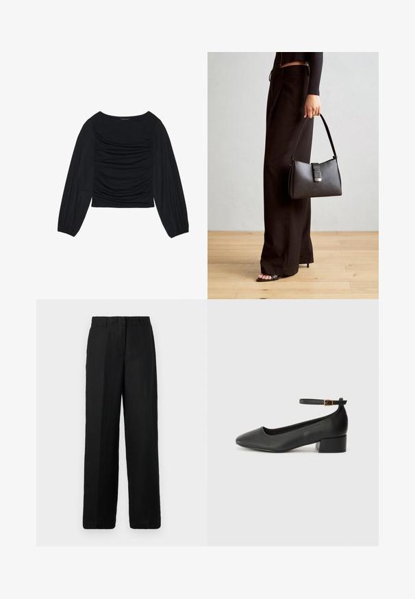 Top lung cu maneci lungi, de culoare neagră, având detalii din material plisat în față și la încheieturi, realizat dintr-un material moale și elastic, cu decolteu tip barcă.; Pantaloni negri cu picioare largi, fabricați dintr-un material ușor. Au un față plată cu bucle pentru curea și buzunare laterale, oferind o potrivire lejeră.; Pantof cu toc negru din piele, cu vârf ascuțit și toc mic pătrat. Dispune de o curea la gleznă cu o cataramă în tonuri de aur. Textură netedă.; Genți negre cu o formă structurată, textură netedă și un închizător metalic. Asortată cu pantaloni negri largi și sandale cu vârf deschis pe un podea din lemn.