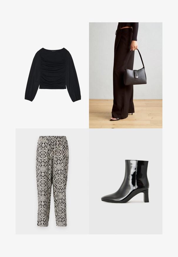 Must mustaga, millel on ees ja randmetel kokku tõmmatud kangadetailid, valmistatud pehmest ja venivast materjalist ning paadi kaelusega.; Mustard ja kreemiga mustriga püksid. Omavad elastsest materjalist vöökohta ning korduvat geomeetrilist disaini, millel on diamondid ja lillemotiivid.; Must-sinine nahkjalats musta läikiva viimistlusega, millel on terav nina ja keskmise kõrgusega plokk konts. Sile tekstuur ja minimalistik disain.; Must musta kott, millel on struktureeritud kuju, sile tekstuur ja metallist klamber. Kombineeritud laiate mustade pükstega ja avatud varvaste sandaalidega puidust põrandal.