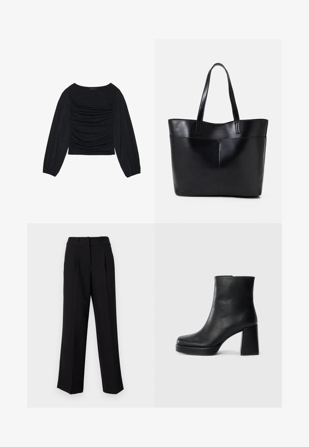 Black long-sleeve top featuring gathered fabric detail at the front and wrists, made of soft, stretchy material with a boat neckline.; Black trousers with a straight, wide-leg design, featuring a flat front, belt loops, and a smooth texture. Suitable for various occasions.; Black leather ankle boot with a block heel and platform sole, viewed from the side on a plain white background.; Black leather tote bag with two long handles, a smooth texture, and a structured shape. Features a front pocket for additional storage.