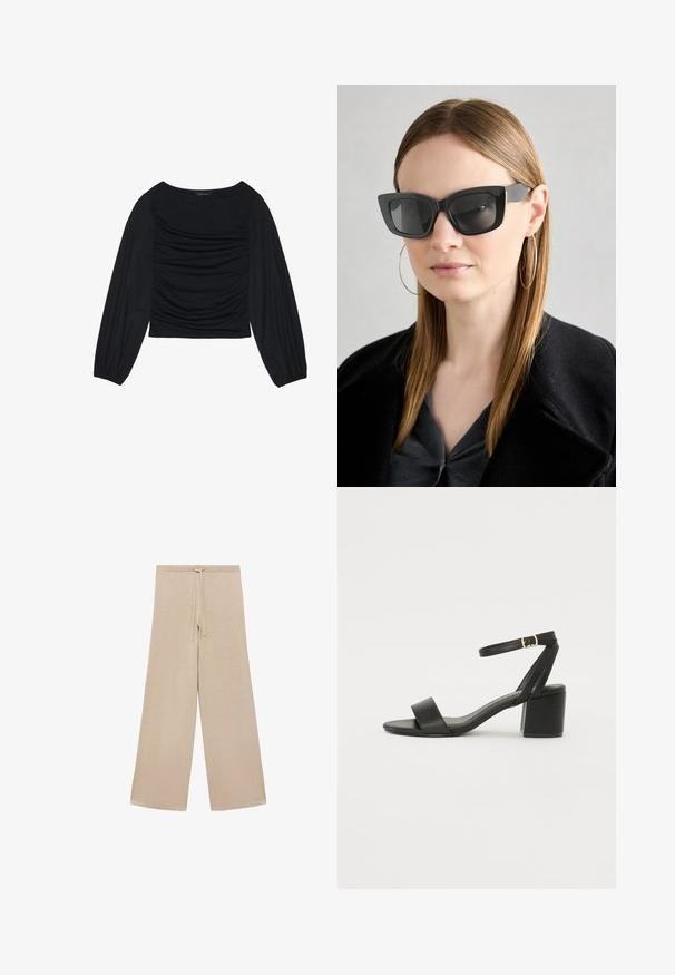 Zwarte longsleeve top met geplooid stofdetail aan de voorkant en bij de polsen, gemaakt van zachte, rekbare stof met een barco neckline.; Beige wijde broek gemaakt van zachte stof, met een verstelbare tailleband en een gladde textuur, zonder patronen of extra hardware.; Zwarte hoge sandaal met een soepel leren bovenkant, een open teen, brede voorkruisbanden en een verstelbare enkelband met een gouden gespdetail.; Zwarte cat-eye zonnebril met donkere lenzen, dikke monturen en subtiele accenten. Draagt een zwarte jas en een grijze top, met lang stijl haar.