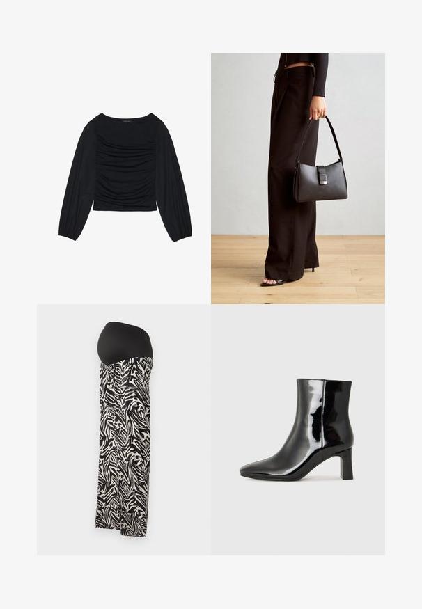 Melna garā piedurkne tops ar savilktām auduma detaļām priekšā un pie plaukstām, izgatavots no mīksta, elastīga materiāla ar laivu kakla izgriezumu.; Melnā un baltā zebra raksta grūtniecības svārki ar elastīgu melnu jostu, ar savelkamu detaļu viduklī un plūstošu dizainu.; Melnas patentētas ādas potīšu zābaki ar norādītu pirkstu un vidēja augstuma kvadrātveida papēdi. Gluda tekstūra un minimālisma dizains.; Melnā somiņa ar strukturētu formu, gludu tekstūru un metālu sprādzi. Saskaņota ar platām melnām biksēm un sandālēm ar atvērtu purngalu uz koka grīdas.