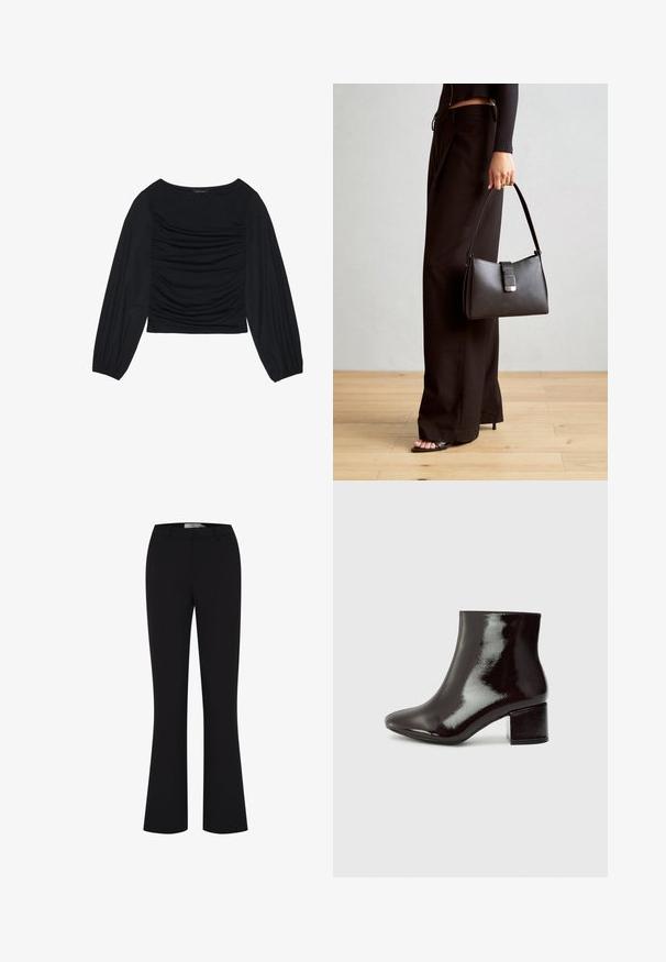 Fekete, hosszú ujjú felső, amely elől és a csuklónál ráncolt anyagrészletekkel rendelkezik, puha, rugalmas anyagból készült és csónaknyakú.; Fekete, harang alakú nadrág sima anyagból, illeszkedő derékpánttal és tiszta elülső dizájnnal, zsebek nélkül.; Fekete lakkbőr bokacsizma hegyes orral és vastag sarokkal. Simás textúra finom fényű, letisztult vonalakkal, minimalista design.; Fekete kézi táska strukturált formával, sima textúrával és fémből készült záródással. Széles fekete nadrággal és nyitott orrú szandállal párosítva, fából készült padlón.
