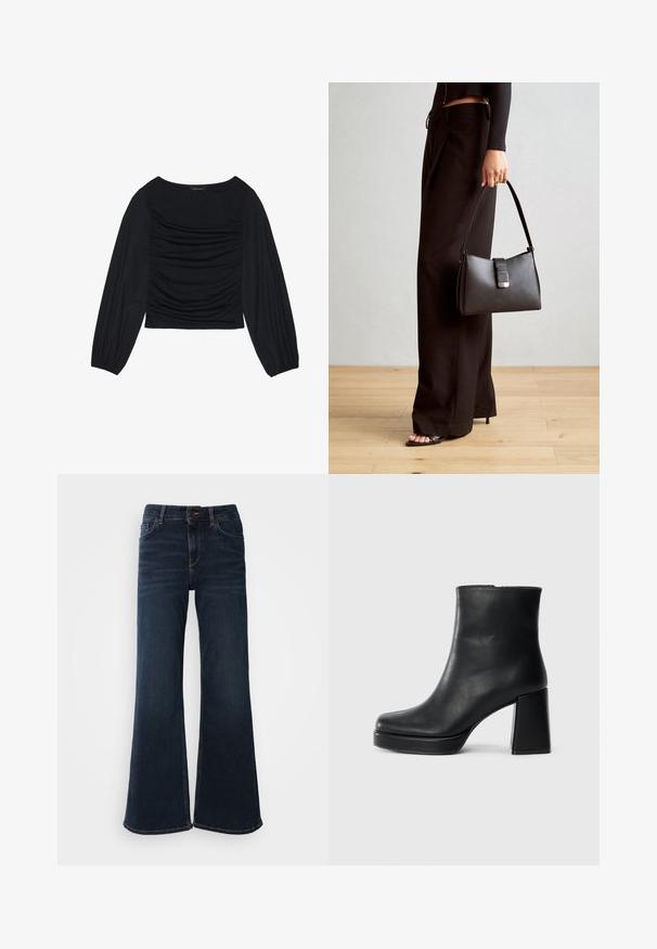 Črn top z dolgimi rokavi, ki se ponaša z nabranimi detajli na sprednji strani in zapestjih. Narejen je iz mehkega, raztegljivega materiala z obliko čolnastega izreza.; Mos Mosh HERA - Kavbojke na trapez - dark blue; Črne usnjene gležnjarje z blok peto in platformo, prikazane s strani na enobarvni beli podlagi.; Črna torbica z strukturirano obliko, gladko teksturo in kovinskim zaponko. Ujemajo se z širokimi črnimi hlačami in odprtimi sandali na lesenem tleh.
