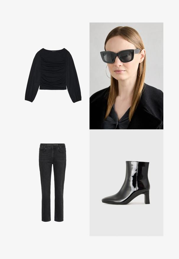 Črn top z dolgimi rokavi, ki se ponaša z nabranimi detajli na sprednji strani in zapestjih. Narejen je iz mehkega, raztegljivega materiala z obliko čolnastega izreza.; Črne ravne kavbojke z gumbi spredaj, zanke za pas in sprednjimi ter zadnjimi žepi, prikazane na beli podlagi.; Črne lakirane gležnjarje z ošiljenim nosom in srednje visokim blokastim peto. Gladka tekstura in minimalističen dizajn.; Črne mačje očala s temnimi lečami, debelimi okvirji in subtilnimi detajli. Oblečena z črnim plaščem in sivim zgornjim delom, z dolgimi ravnimi lasmi.; Črna torbica z teksturirano površino, z dvema zgornjima ročajema in nastavljivim ramenskim pasom. Ima zlatovrateče dodatke in stranske žepe.