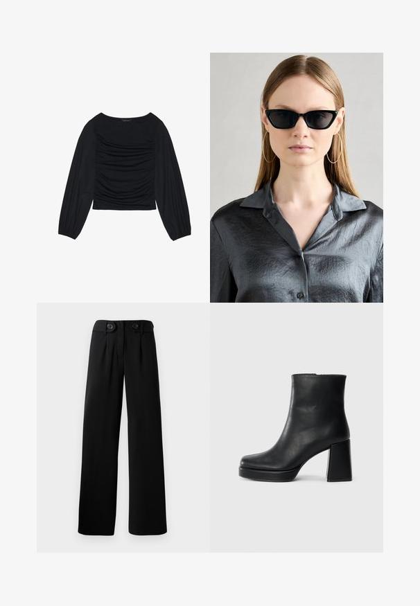 Juodas ilgomis rankovėmis viršus, su surinkta medžiaga priekyje ir ant riešų, pagamintas iš minkštos, elastingos medžiagos, su laivagalio kaklu.; Aukštu liemeniu juodos plačios kelnės su dviem dideliais juodais mygtukais juosmenyje.; Juodas odinis kulkšninis botas su bloku ir platformos padu, matomas šoniniu vaizdu ant balto fono.; Juodos katės akies formos saulės akiniai su blizgiu paviršiumi, dėvimi kartu su tekstūruotu pilku marškinėlių hemštu. Matomi dideli žiediniai auskarai.