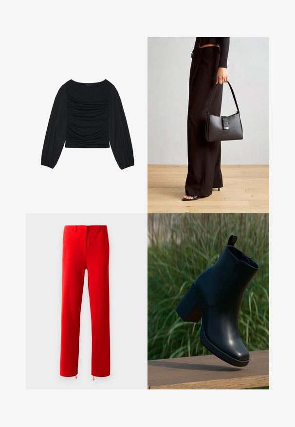 Schwarzes Langarmoberteil mit gerafftem Stoffdetail an der Vorderseite und an den Handgelenken, aus weichem, elastischem Material mit einem U-Boot-Ausschnitt.; Rote Hosen aus glattem, elastischem Stoff. Sie verfügen über eine flache Vorderseite mit einem verdeckten Reißverschluss, gerade Beine und verstellbare Zugbänder an den Säumen.; Schwarzer Leder-Stiefelette mit Blockabsatz, schwebend über einer Holzfläche, grün verschwommenes Gras im Hintergrund.; Schwarze Handtasche mit strukturierter Form, glatter Textur und einem metallischen Verschluss. Kombiniert mit weiten schwarzen Hosen und offenen Sandalen auf einem Holzboden.