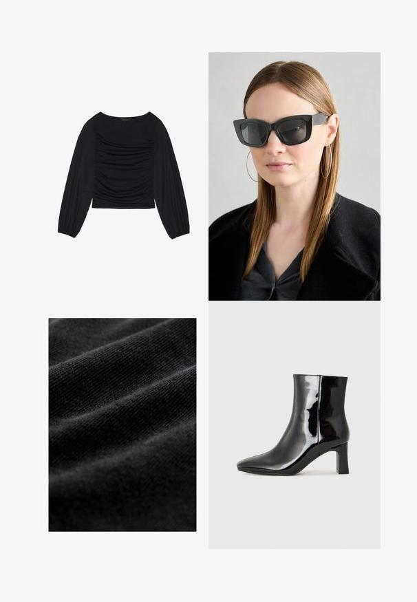 Must mustaga, millel on ees ja randmetel kokku tõmmatud kangadetailid, valmistatud pehmest ja venivast materjalist ning paadi kaelusega.; Mustast kangast, millel on sile ja pehme tekstuur, millel on peened horisontaalsed voltimised ning ühtlane koekujundus. Pole nähtavaid mustreid ega aksente.; Must-sinine nahkjalats musta läikiva viimistlusega, millel on terav nina ja keskmise kõrgusega plokk konts. Sile tekstuur ja minimalistik disain.; Must musta prillid tumedate läätsedega, paksude raamidega ja tagasihoidlike aktsentidega. Kantud musta jope ja halli särkiga, pikki sirgeid juukseid kandes.