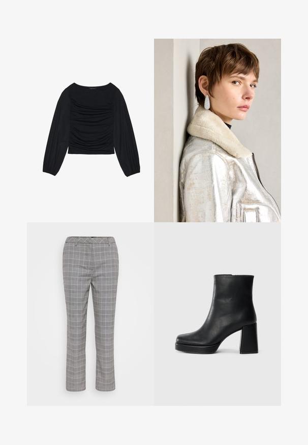 Crna bluzica dugih rukava s naboranim detaljima na prednjem dijelu i na zapešćima, izrađena od mekog, rastezljivog materijala s izrezom u obliku čamca.; Sive karićaste hlače s prilagođenim krojem. Imaju suptilan uzorak kockica, petlje za remen i ravni kroj nogavica. Glatka tekstura tkanine.; Crna kožna čizma do gležnja s blok petom i platformom, prikazana s bočne strane na jednostavnoj bijeloj pozadini.; Srebrna metalik kožna jakna s ovčjim krznom, koja ima zatvaranje na patentni zatvarač i teksturiranu površinu. Velike naušnice u obliku suze s prozirnim draguljima.