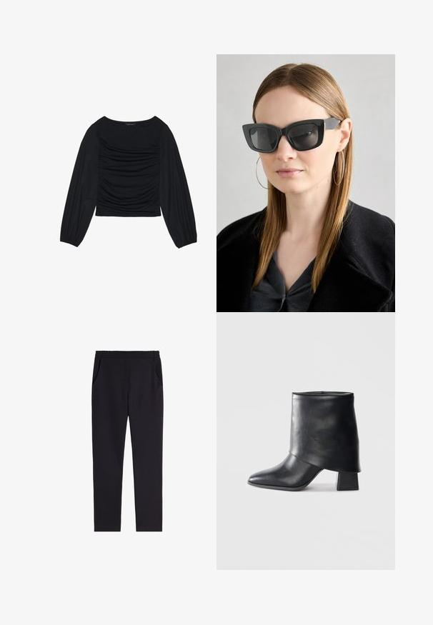 Czarna bluzka z długim rękawem, z marszczonym detalem z przodu i przy nadgarstkach, wykonana z miękkiego, elastycznego materiału z dekoltem w łódkę.; Czarne spodnie dresowe zakładane przez głowę, uszyte z miękkiego materiału, z elastycznym pasem, bocznymi kieszeniami i zwężającym się krojem nogawek.; Czarny skórzany botek za kostkę z ostrym noskiem, gładką fakturą i wyraźnie zdefiniowanym blokowym obcasem. Posiada wysoki, zwinięty mankiet.; Czarne okulary w kocim kształcie z ciemnymi soczewkami, grubymi oprawkami i subtelnymi akcentami. Noszone z czarnym płaszczem i szarym topem, z długimi prostymi włosami.