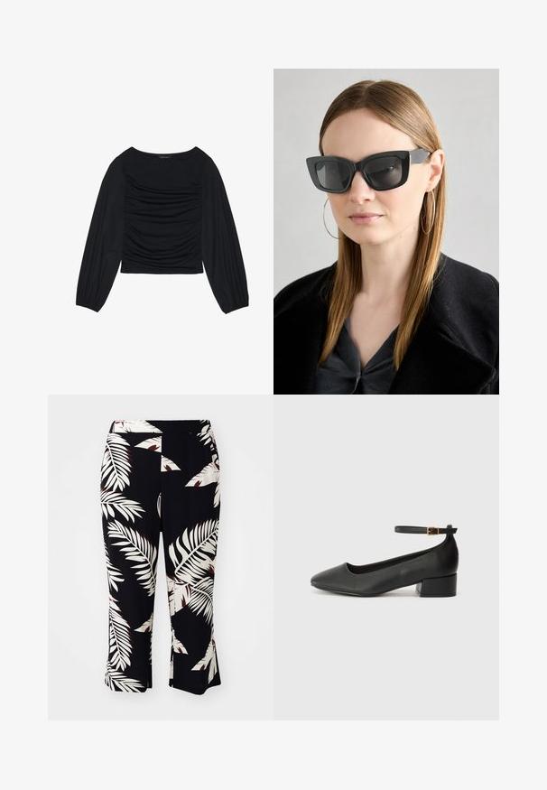 Top noir à manches longues présentant un détail de tissu froncé à l'avant et aux poignets, fabriqué en matière douce et extensible avec un col bateau.; Pantalons noirs avec un imprimé de feuilles tropicales blanches et rouges, à coupe évasée et taille élastique, en tissu lisse.; Escarpin en cuir noir avec un bout pointu et un petit talon bloc. Doté d'une bride de cheville avec une boucle dorée. Texture lisse.; Des lunettes de soleil en forme de chat noir avec des verres foncés, des montures épaisses et des accents subtils. Portées avec un manteau noir et un haut gris, avec des cheveux longs et raides.