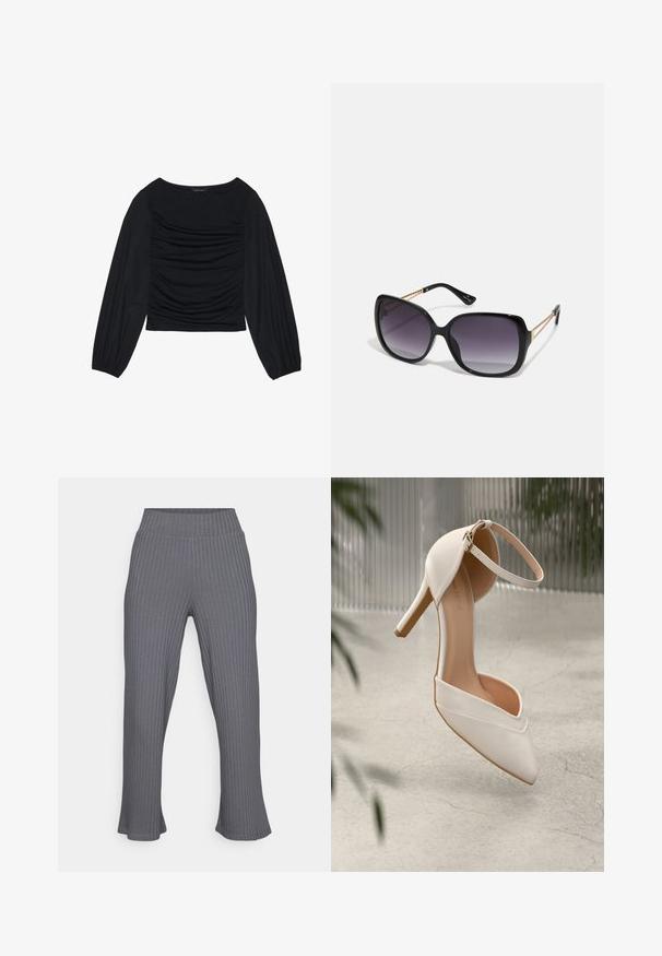 Black long-sleeve top featuring gathered fabric detail at the front and wrists, made of soft, stretchy material with a boat neckline.; Yogasearcher MATSYA - Tracksuit bottoms - lavastone; White high-heeled shoe in smooth material with pointed toe and ankle strap. Features a light tan interior and gold-tone hardware accent.; Black oversized sunglasses with gradient lenses, thick frames, and gold-tone chain detailing on the temple arms.; Black leather handbag with a structured triangular shape, slim strap, and gold-tone hardware featuring a logo plaque on the front flap.