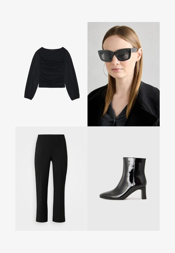 Black long-sleeve top featuring gathered fabric detail at the front and wrists, made of soft, stretchy material with a boat neckline.; Vero Moda Curve VMCBECKY PULL ON - Trousers - black; Black patent leather ankle boot with a pointed toe and a mid-height block heel. Smooth texture and minimalist design.; Black cat-eye sunglasses with dark lenses, thick frames, and subtle accents. Worn with a black coat and gray top, featuring long straight hair.