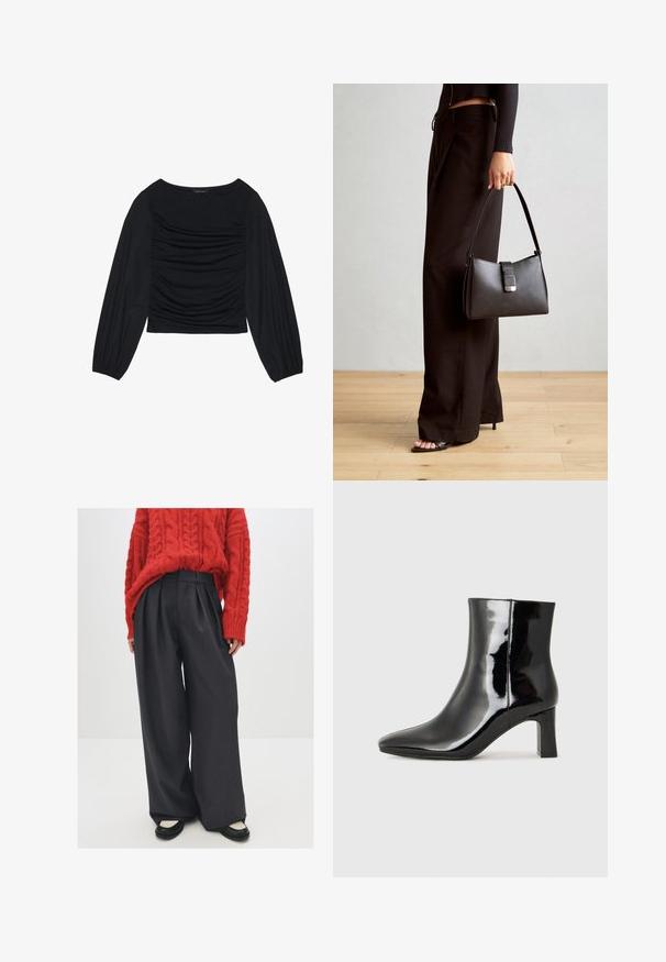 Zwarte longsleeve top met geplooid stofdetail aan de voorkant en bij de polsen, gemaakt van zachte, rekbare stof met een barco neckline.; Rode kabelgebreide trui gecombineerd met een hoge taille, donkergrijze wijde broek en zwarte flats met crèmekleurige accenten. Geweven textuur en plooien zichtbaar.; Zwarte gepolijste leren enkellaars met een spitse neus en een blokhak van gemiddelde hoogte. Glad textuur en minimalistisch ontwerp.; Zwarte handtas met gestructureerde vorm, gladde textuur en een metalen sluiting. Gecombineerd met brede zwarte broeken en sandalen met open teen op een houten vloer.