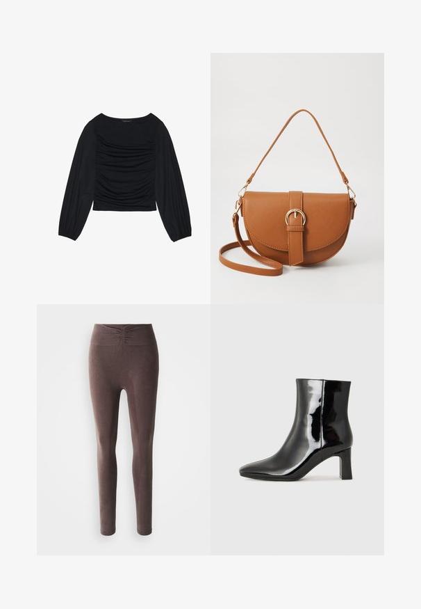 Čierny top s dlhým rukávom s drapovaným detailom na prednej časti a zápästiach, vyrobený z mäkkého, elastického materiálu s lodným výstrihom.; Svetlé hnedé elastické legíny s vysokým pásom a nariasením na páse, zobrazené na bielom pozadí.; Čierne lakované členkové topánky s špicatou špičkou a stredne vysokým blokovým podpätkom. Hladká textúra a minimalistický dizajn.; Hnedá kožená kabelka cez telo s zakriveným tvarom, zlatými kovovými doplnkami a akcentom s prackou. Obsahuje odnímateľný ramenný popruh.