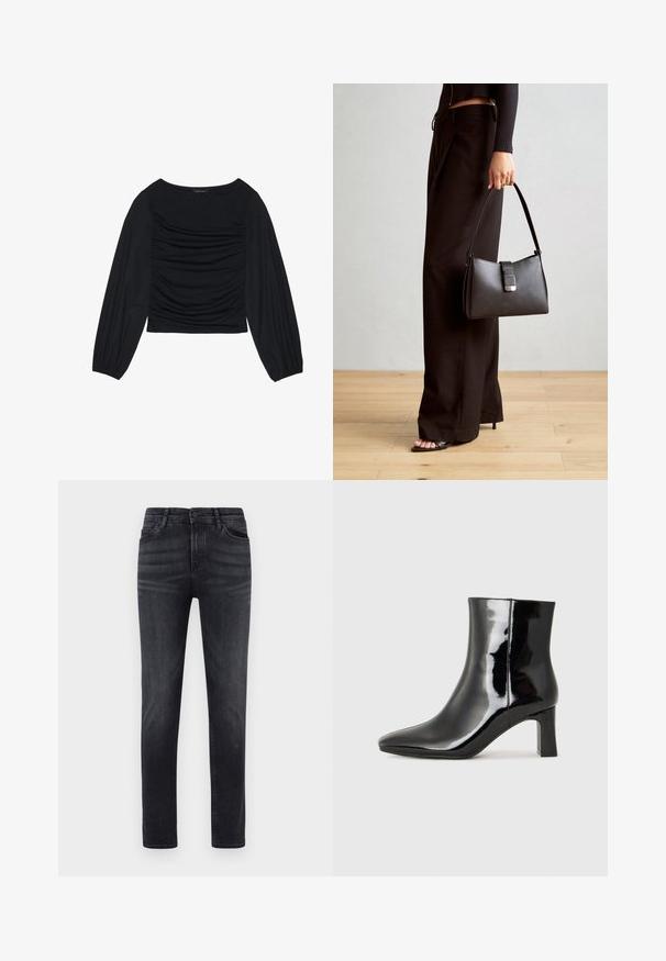 Svart långärmad topp med ruched detalj framtill och vid handleden, tillverkad av mjukt, stretchigt material med en båthals.; Svarta jeans i denim med rak passform. Har fem fickor, knappgylf och bältesöljor. Tyget har en mjuk textur och en lätt stretch.; Svart lackläder ankelboot med spetsig tå och en medelhög klack. Slät textur och minimalistisk design.; Svart handväska med strukturerad form, slät yta och metallspänne. Matchad med vida svarta byxor och sandaler med öppen tå på trägolv.