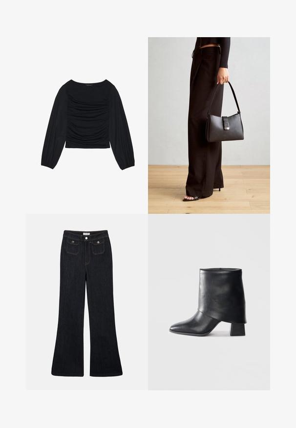 Top preto de manga longa com detalhe de tecido franzido na parte da frente e nos pulsos, feito de material suave e elástico com decote à barco.; Calças de ganga escuras com boca de sino e cintura alta, com dois bolsos frontais e costura laranja. O material parece resistente e suave.; Bota de tornozelo em couro preto com bico afilado, textura suave e um salto bloco estruturado. Apresenta um design de cano alto e dobrado.; Bolsa preta com forma estruturada, textura suave e um fecho metálico. Combinada com calças largas pretas e sandálias de salto aberto sobre um chão de madeira.