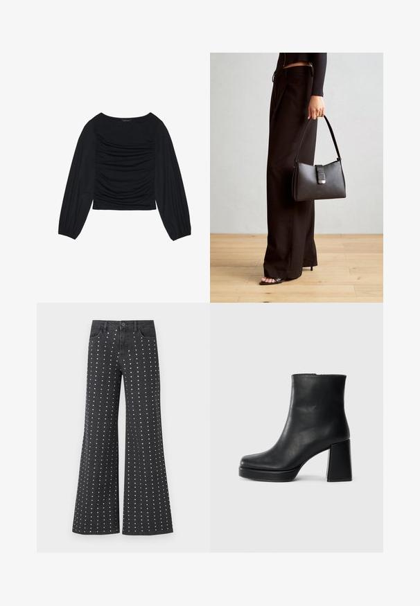 Black long-sleeve top featuring gathered fabric detail at the front and wrists, made of soft, stretchy material with a boat neckline.; Black denim flared jeans featuring a pattern of small silver studs arranged vertically. Five pockets and a button closure are included.; Black leather ankle boot with a block heel and platform sole, viewed from the side on a plain white background.; Black handbag with structured shape, smooth texture, and a metallic clasp. Paired with wide black pants and open-toe sandals on wooden floor.