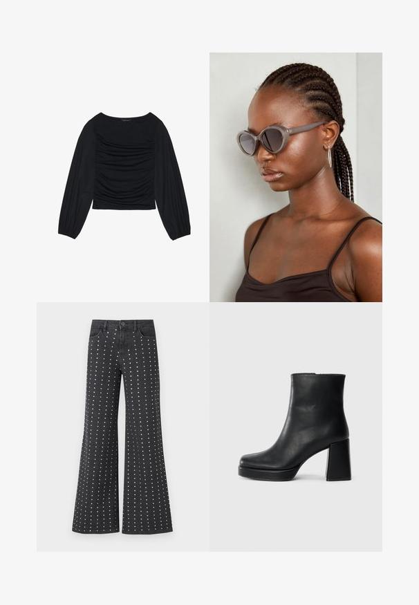 Črn top z dolgimi rokavi, ki se ponaša z nabranimi detajli na sprednji strani in zapestjih. Narejen je iz mehkega, raztegljivega materiala z obliko čolnastega izreza.; Črne flare kavbojke iz denima, ki imajo vzorec majhnih srebrnih kavljic razporejenih navpično. Vključujejo pet žepov in zapiranje na gumb.; Črne usnjene gležnjarje z blok peto in platformo, prikazane s strani na enobarvni beli podlagi.; Sive velike sončne očala z zaobljeno obliko in temnimi lečami. Elegantno plastično ogrodje z gladko površino. Model ima spletene lase.