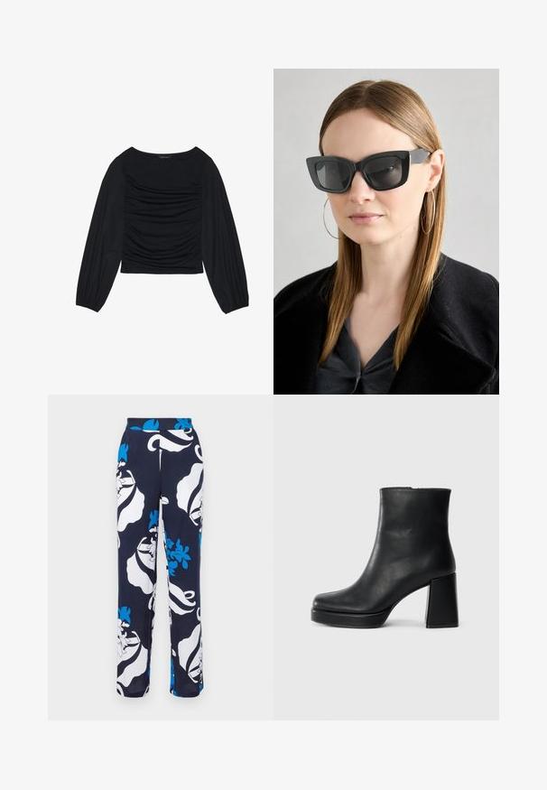 Top preto de manga longa com detalhe de tecido franzido na parte da frente e nos pulsos, feito de material suave e elástico com decote à barco.; Calças de tecido azul marinho com grandes estampas florais azuis e brancas, design de perna larga, textura suave e cintura alta.; Bota de couro preta até ao tornozelo com salto bloco e sola com plataforma, vista de lado sobre um fundo branco liso.; Óculos de sol pretos em formato de gato com lentes escuras, armações grossas e acentos subtis. Usados com um casaco preto e uma blusa cinza, apresentando cabelo longo e liso.