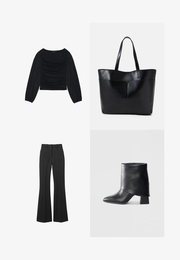 Top lung cu maneci lungi, de culoare neagră, având detalii din material plisat în față și la încheieturi, realizat dintr-un material moale și elastic, cu decolteu tip barcă.; Pantaloni negri evazați fabricate dintr-un material neted. Au două buzunare la spate și bucle pentru curea, cu un design cu picior larg care se îngustează la talie.; Botine din piele neagră cu vârf ascuțit, textură netedă și toc bloc structurat. Prezintă un design cu manșetă înaltă și pliată.; Geantă oversized din piele neagră, cu două mânere lungi, de textură netedă și formă structurată. Are un buzunar frontal pentru stocare suplimentară.