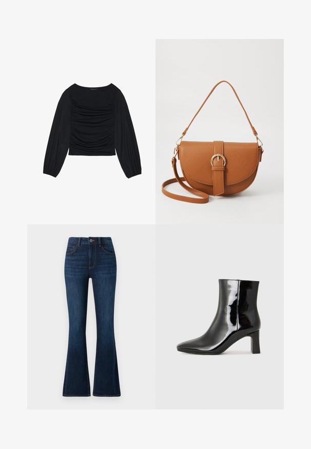 Fekete, hosszú ujjú felső, amely elől és a csuklónál ráncolt anyagrészletekkel rendelkezik, puha, rugalmas anyagból készült és csónaknyakú.; TOM TAILOR STELLA sötétkék farmer; Fekete lakk bőrcipő bokáig érő, hegyes orral és közepes magasságú tömbsarokkal. Simább textúrával és minimalista dizájnnal rendelkezik.; Barna bőr keresztbody táska ívelt formával, aranyszínű fémrészekkel és csat díszítéssel. Levehető vállpánttal rendelkezik.