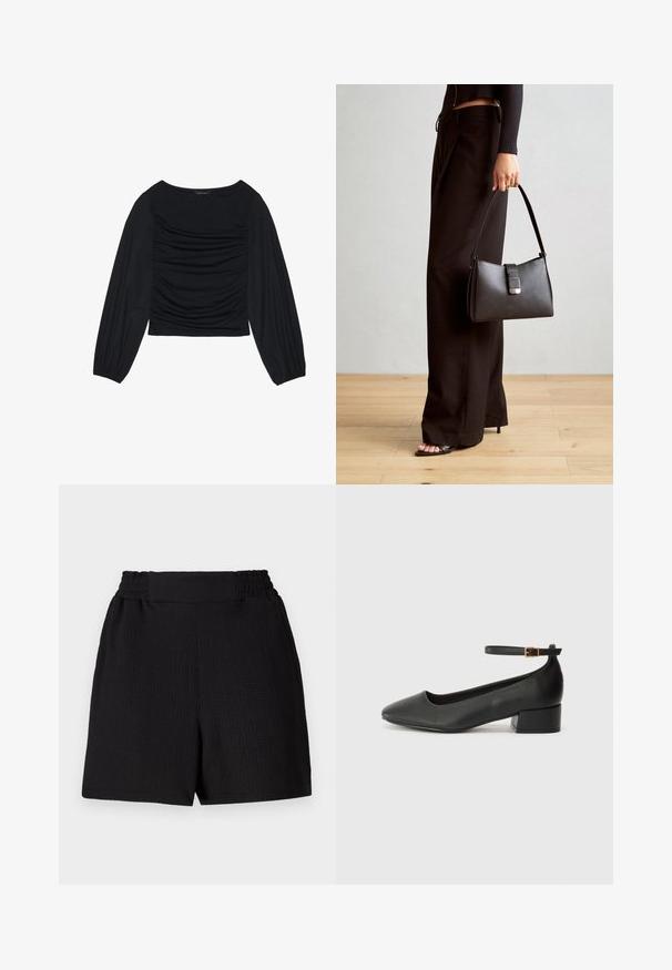 Svart långärmad topp med ruched detalj framtill och vid handleden, tillverkad av mjukt, stretchigt material med en båthals.; Svarta shorts i texturerat tyg, med elastiskt midjeband och rak passform. Har en ren design utan ytterligare detaljer eller mönster.; Svart läderpump med spetsig tå och en låg klack. Har en ankelsnodd med en guldtonad spänne. Slät textur.; Svart handväska med strukturerad form, slät yta och metallspänne. Matchad med vida svarta byxor och sandaler med öppen tå på trägolv.