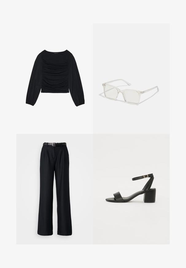 Fekete, hosszú ujjú felső, amely elől és a csuklónál ráncolt anyagrészletekkel rendelkezik, puha, rugalmas anyagból készült és csónaknyakú.; Fekete, bő szárú nadrág sima anyagból, elől redőzött kialakítással és egy azonos színű, ezüstcsatos fekete övvel.; Fekete magassarkú szandál sima bőr felső résszel, nyitott orral, széles elülső pántokkal és állítható bokapánttal, arany csat részlettel.; Átlátszó műanyag négyzet alakú szemüveg, áttetsző lencsékkel, arany díszítéssel a szárakon a fokozott részletekért.