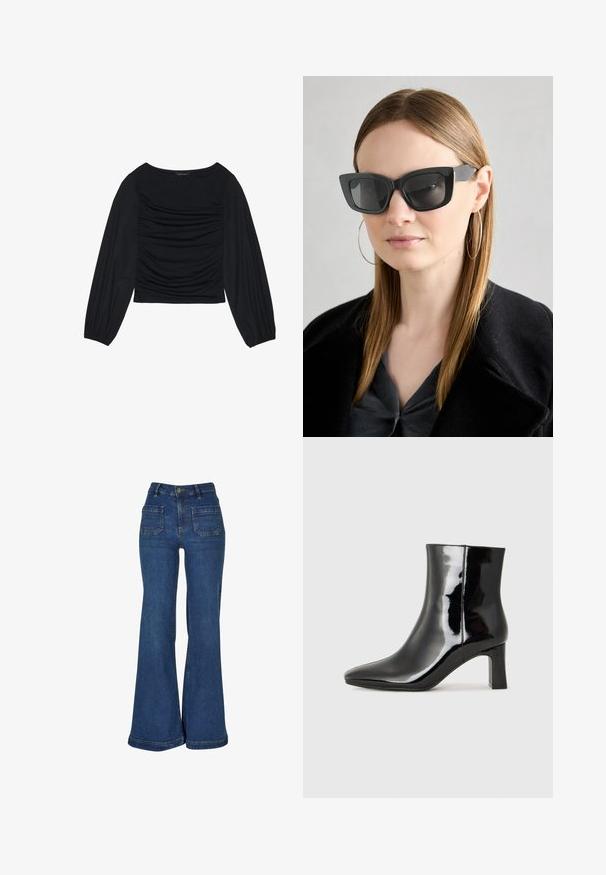 Black long-sleeve top featuring gathered fabric detail at the front and wrists, made of soft, stretchy material with a boat neckline.; High-waisted flared jeans made of dark blue denim, featuring five pockets, yellow stitching, and a button closure at the waist.; Black patent leather ankle boot with a pointed toe and a mid-height block heel. Smooth texture and minimalist design.; Black cat-eye sunglasses with dark lenses, thick frames, and subtle accents. Worn with a black coat and gray top, featuring long straight hair.